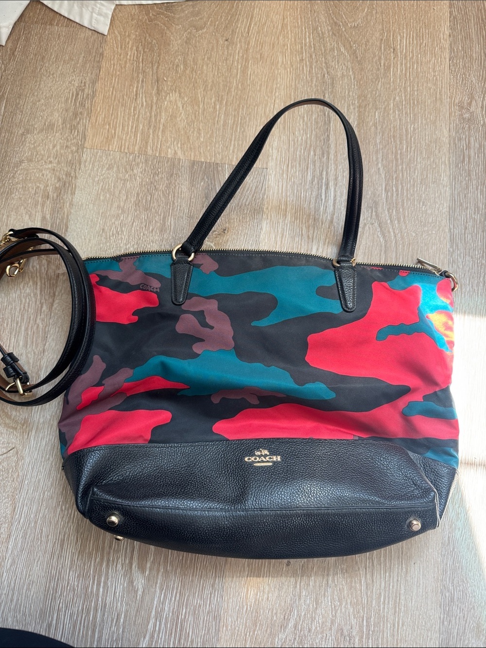 Coach Red Teal Black Camouflage Tote Bag
